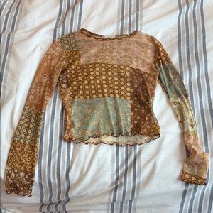 Altar'd State Cream and Brown Asymmetrical Fitted Blouse